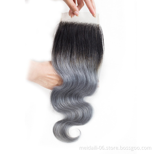 4x4 lace closure 1b/grey ombre color body wave human hair closure virgin brazilian 4*4 lace closure